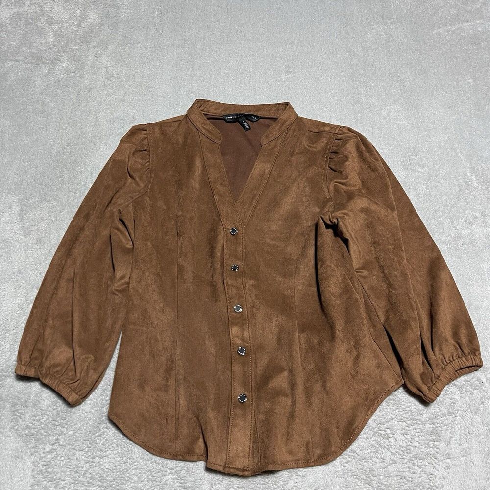 White House Black Market Top Womens 4 Brown Elbow Sleeve Vegan Suede Button Down